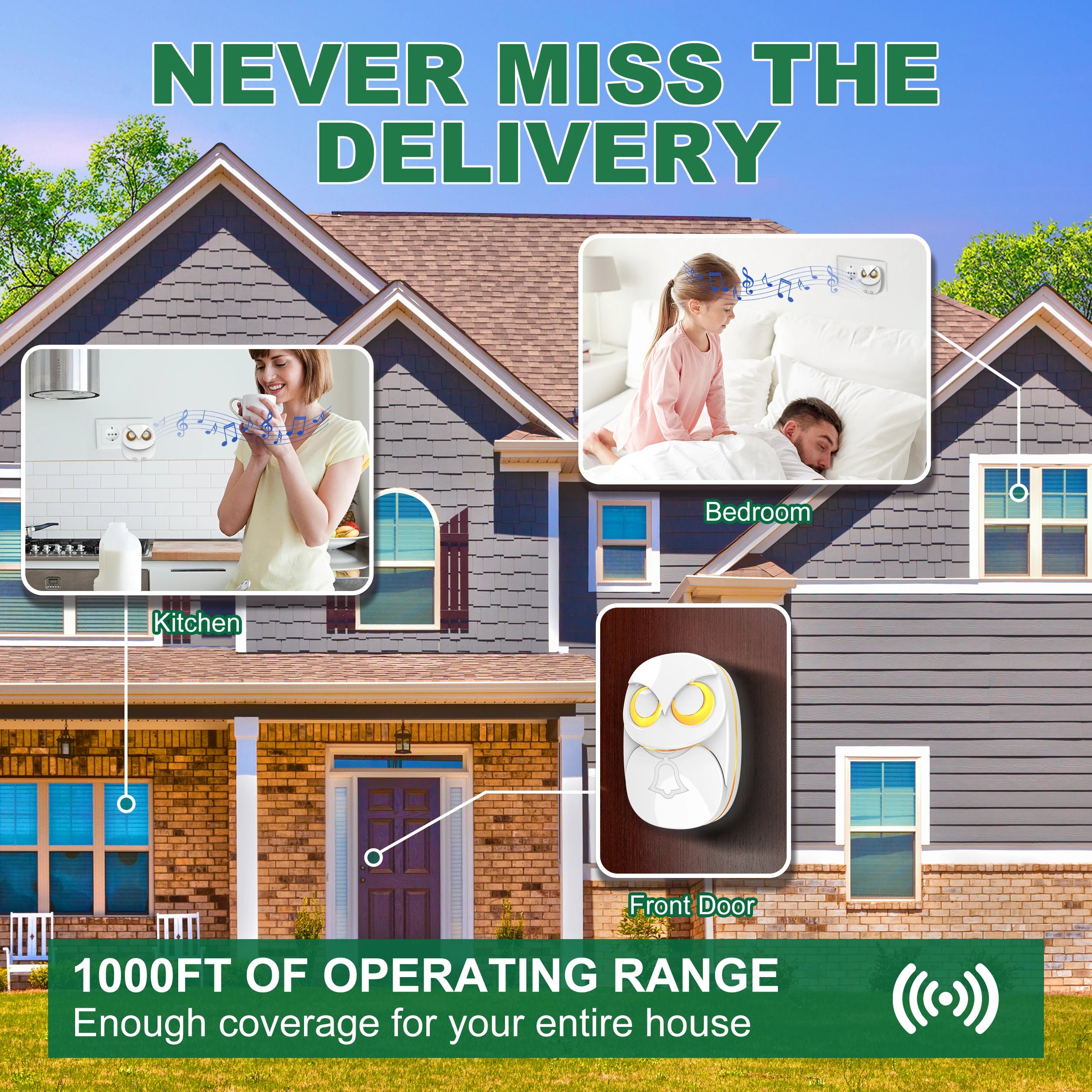 Wireless Doorbell Chime Kit 1000ft (300m) Long Range Waterproof Outdoor Push Button, 35 Melodies, Expandable (1 Receiver & 2 Buttons)