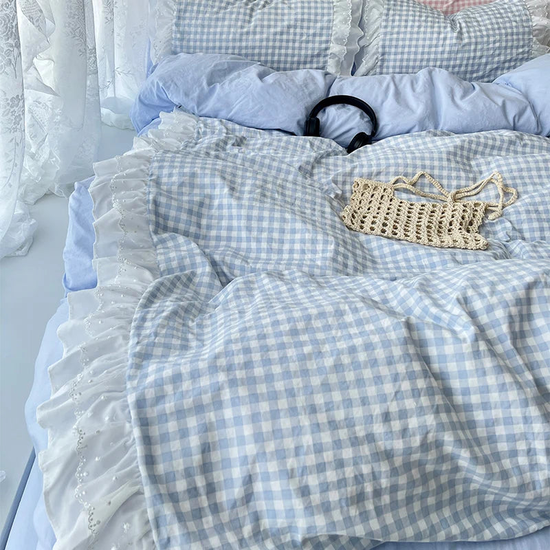 Korean Princess Lattice Double-Layer Lace Duvet Cover Set — Soft Microfiber Plaid Quilt Cover with Flat Sheet & Pillowcases (Single/Full/Queen: 150×200–200×230 cm / 59×79–79×91 in)