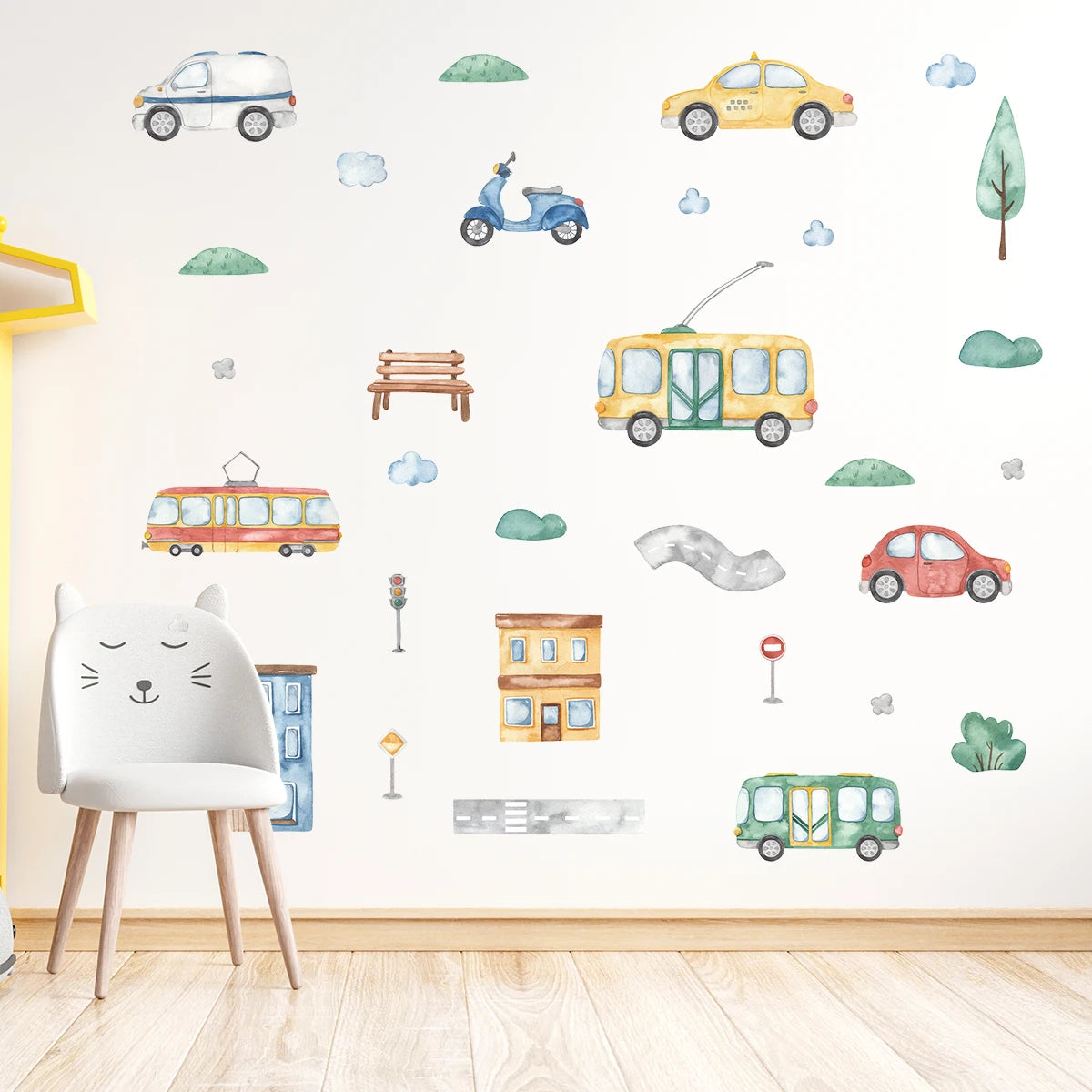 Cartoon Tractor Helicopter Car Wall Decals for Kids Room – 4-Pack Removable Waterproof PVC Nursery & Playroom Decor