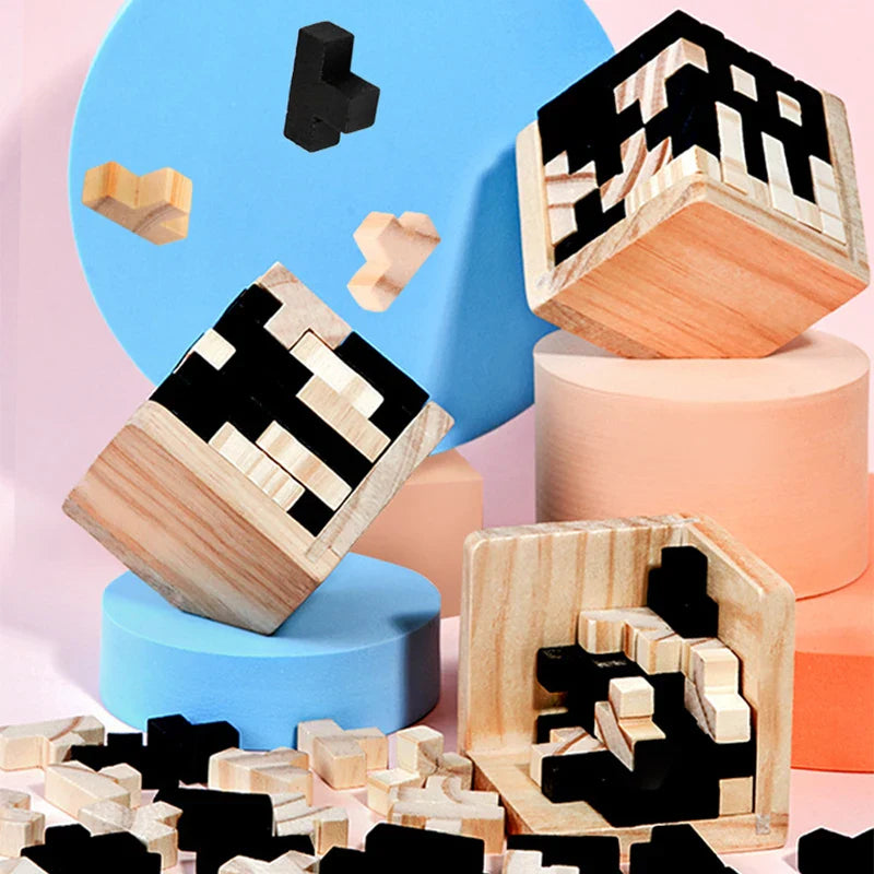 3D Wooden Luban Cube Puzzle Interlocking Brain Teaser Educational Toy for Kids Ages 3+