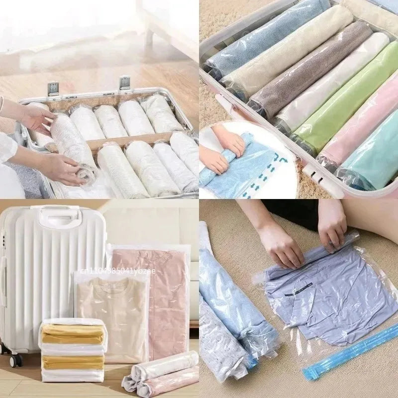 Travel Compression Vacuum Bags – Reusable Roll-Up Space Saver Bags for Luggage, Clothes & Bedding