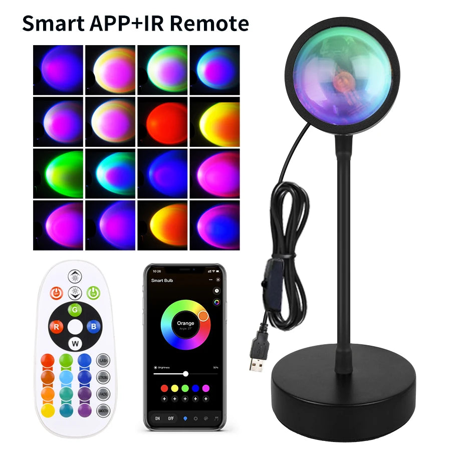 Sunset LED Projection Lamp — USB RGB Night Light, App & Remote Controlled Room Decor for Photography, Parties & Birthdays