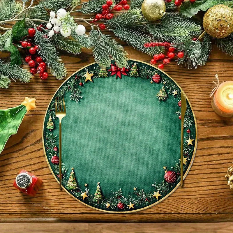 Christmas Placemats Set of 4 – 15 x 15 in (38 x 38 cm) Green & Gold Holiday Table Mats with Tree & Red Bow