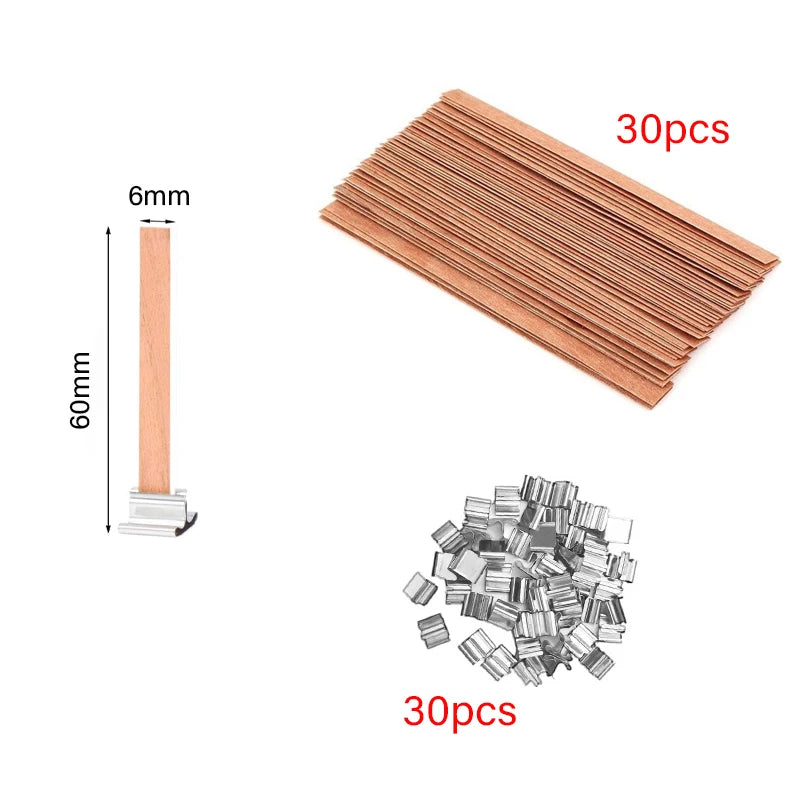 30/50-Pack Cherry Wood Candle Wicks with Metal Clip Bases – Smokeless Wooden Wicks for DIY Jar Candles