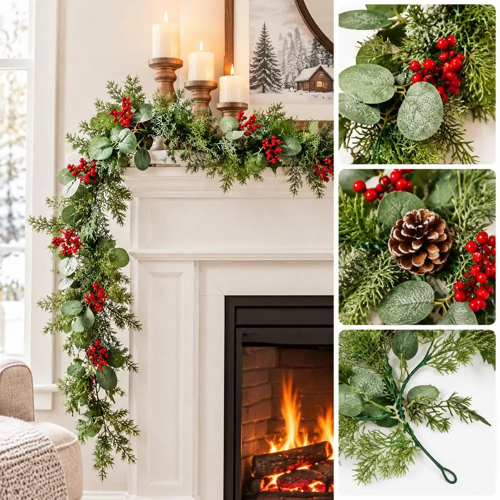 5.9 ft (1.8 m) Eucalyptus Christmas Garland with Red Berries & Pine Cones — Flexible Holiday Vine for Door, Mantel & Staircase