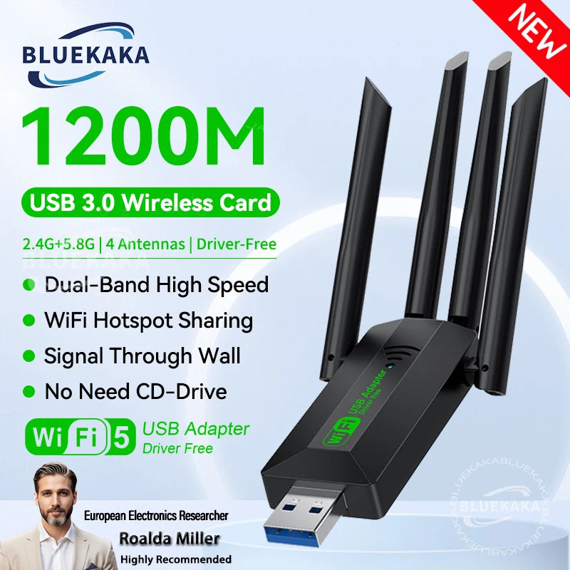 Dual-Band 1200Mbps USB 3.0 WiFi Adapter with 4 Antennas — 2.4/5GHz Wireless Dongle for PC & Laptop (Windows Compatible)