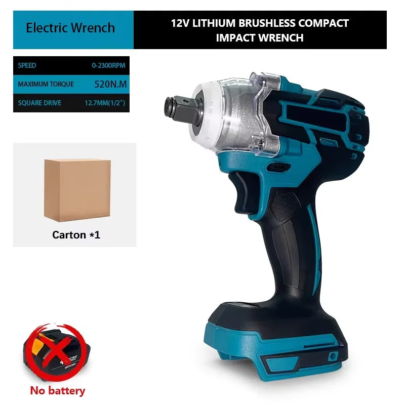 1/2-Inch (12.7mm) Brushless Cordless Impact Wrench 2-in-1 | 520 N·m Torque, LED Work Light, Universal 18–21V Battery Compatible