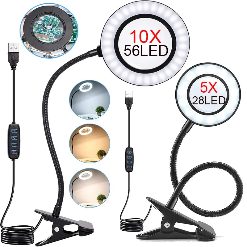 5X/10X LED Magnifying Glass with Light — 3 Color Modes, 10 Brightness Levels, 3.27-inch Glass Lens, Clip-On & Stand for Reading, Crafting, Manicure