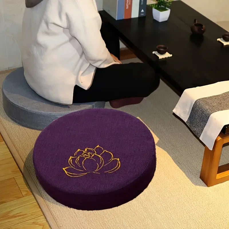 Round Linen Meditation Cushion 40 x 6 cm (16 x 2.4 in) - Firm Lotus Texture Floor Seat Pillow, Removable Washable Cover, Tatami Backrest