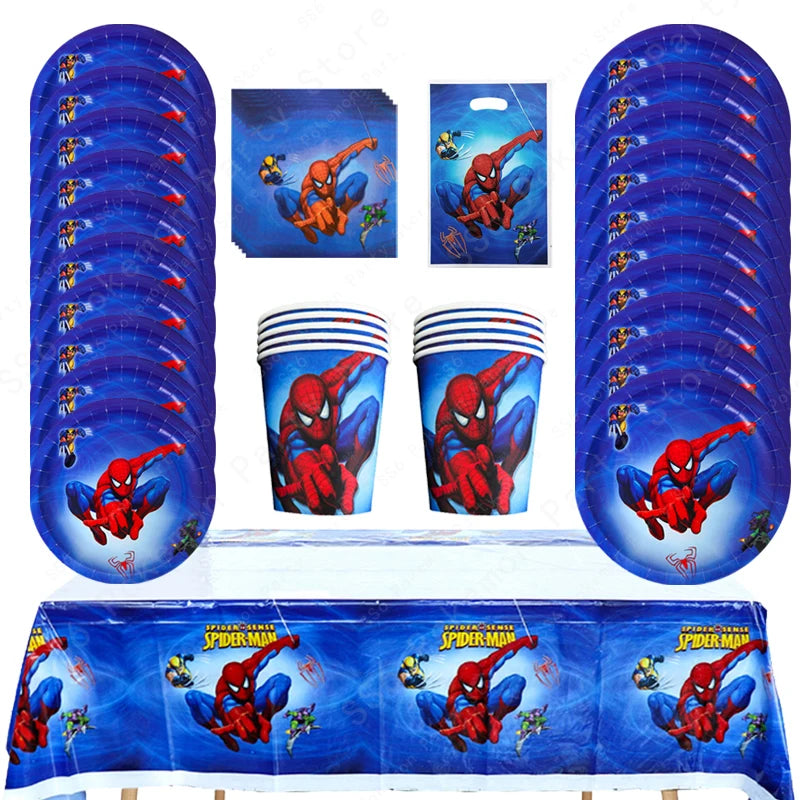 Spiderman Kids Birthday Party Supplies - Disposable Tableware Set with Plates, Cups, Napkins & Favor Bags