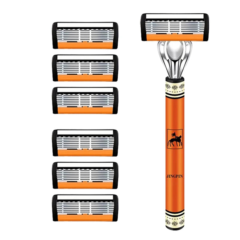 6-Layer Stainless Steel Safety Razor Set for Men - Replaceable Blade Head, Manual Shaving