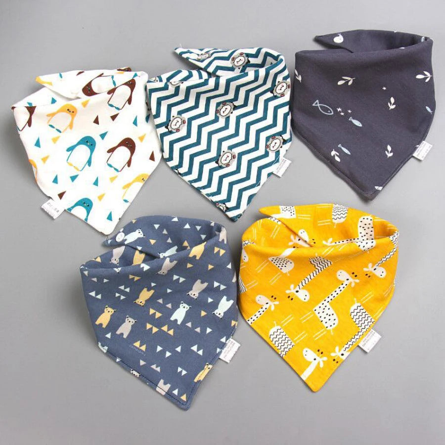 5-Pack Cotton Bandana Bibs – Waterproof Absorbent Baby Triangle Scarves, Cartoon Unisex Bibs