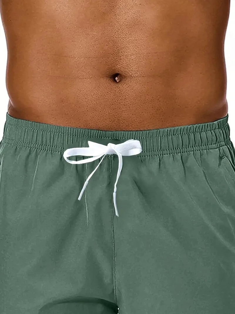 Men's Summer Beach Casual Comfortable Elastic-Waist Solid Color Sports Shorts with Double Pockets
