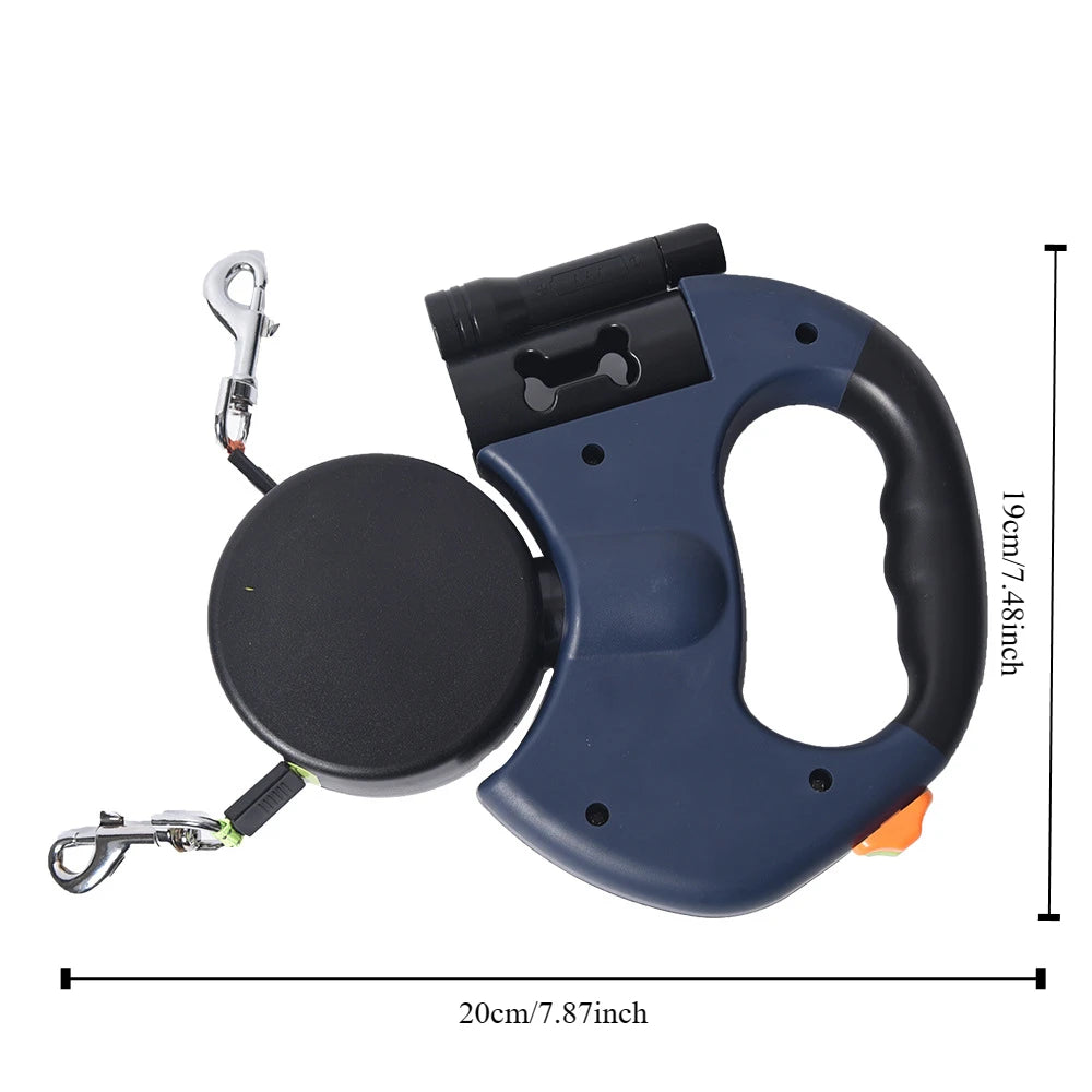 Retractable Dual Dog Leash with LED Flashlight - 10 ft (3.05 m) Extendable Two-Lead Leash