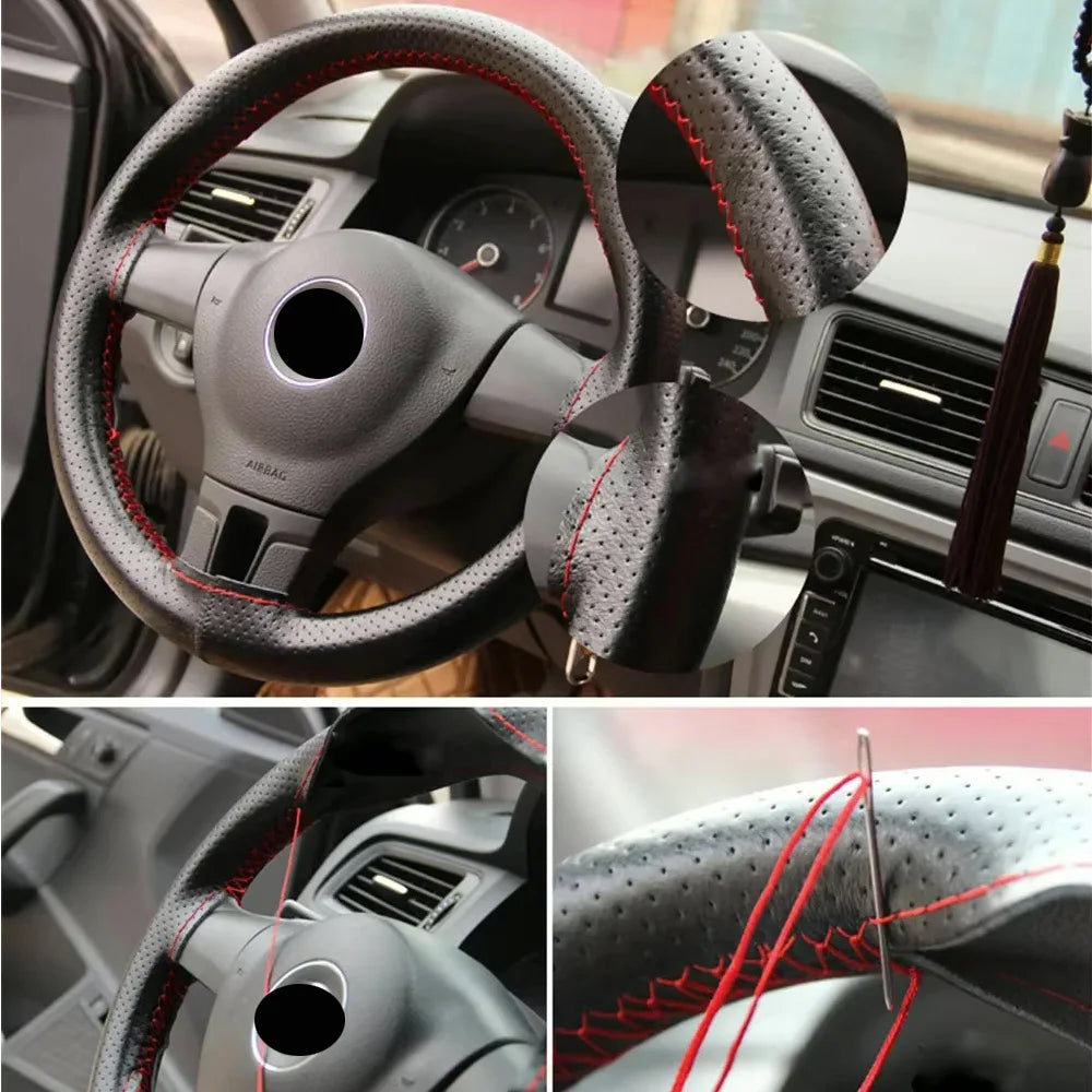 PU Leather Steering Wheel Cover with Needles & Thread - Anti-Slip Breathable DIY Stitch Kit, Fits 36–38 cm (14.2–15 in) | Multiple Colors