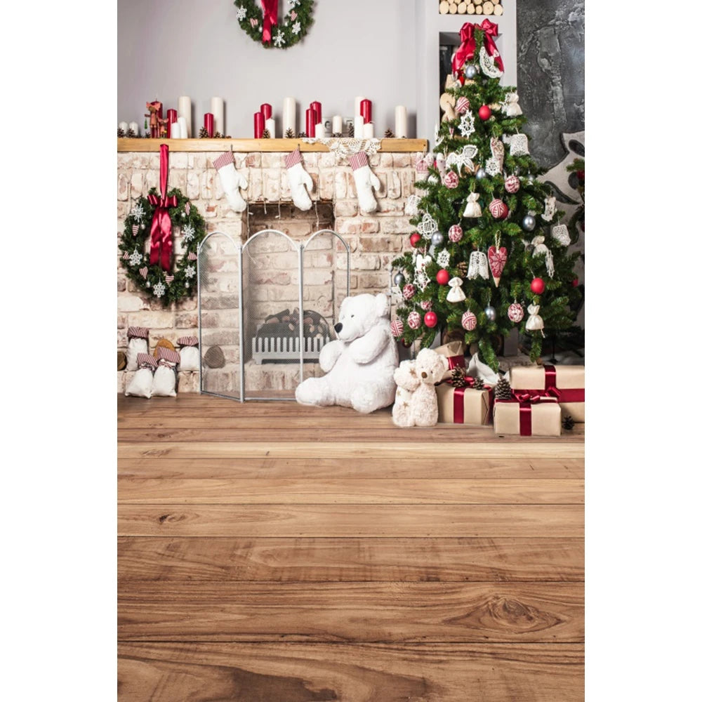 Christmas Photography Backdrop - Santa, Tree & Fireplace Winter Snow Wood Floor Portrait Background
