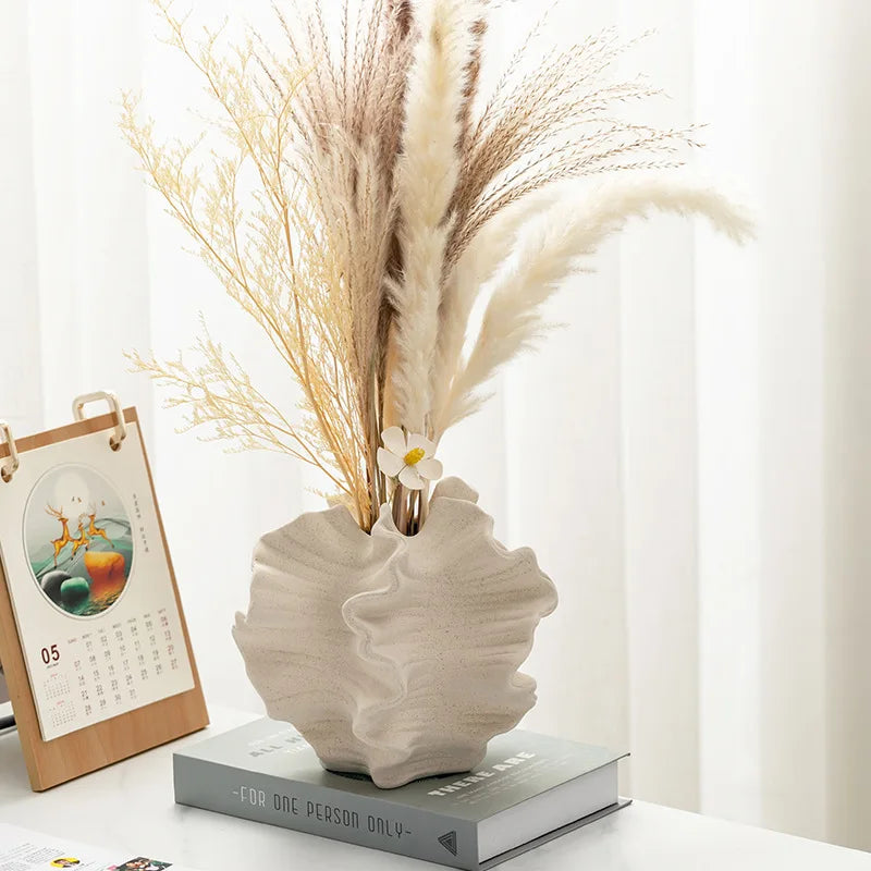 Porcelain Ceramic Vase with Geometric Wavy Petal Design — Tabletop Flower Vase for Home Decor