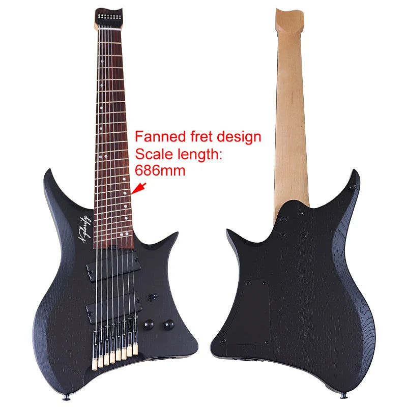 Fanned-Fret 8-String Headless Electric Guitar – Solid Ash Body, Maple Neck, Rosewood Fingerboard, 686mm (27") Scale, Matte Finish