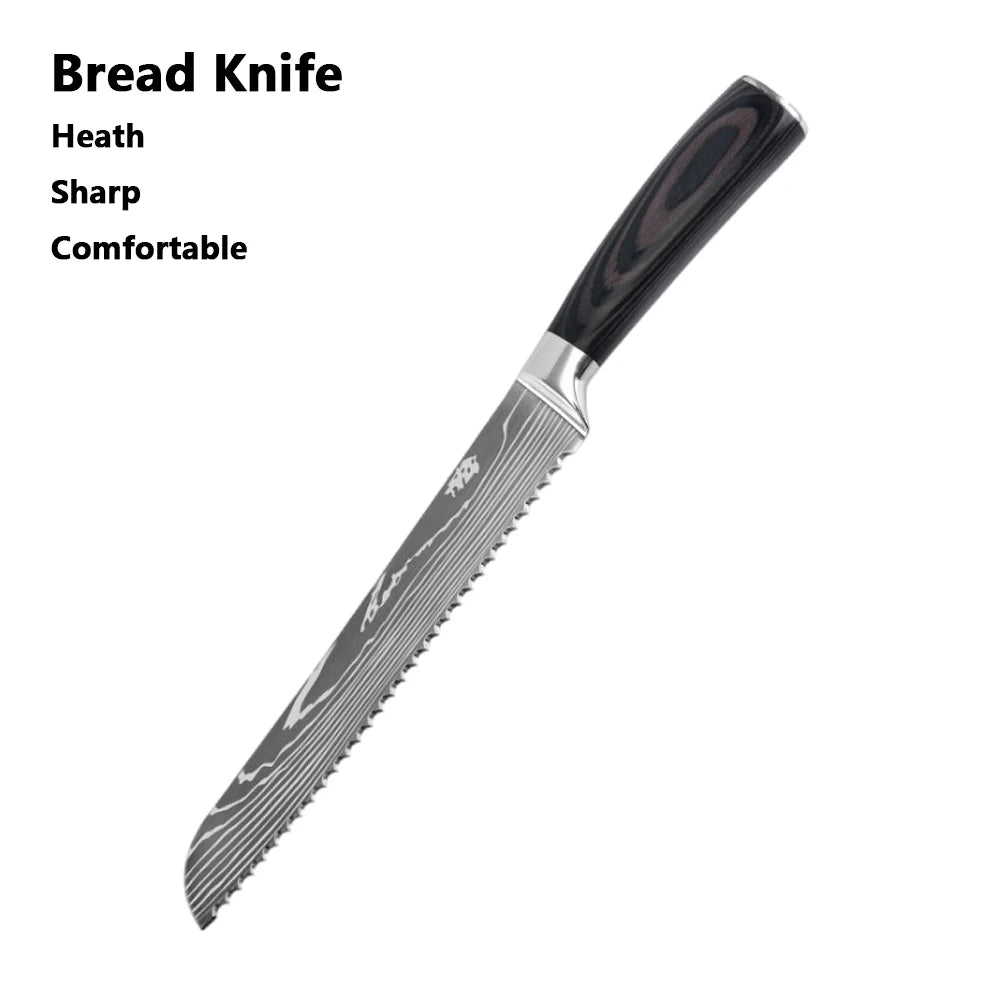 Chef Knife Set 1-10 Pc - Laser Damascus Pattern Japanese Santoku, Cleaver, Slicing and Utility Knives