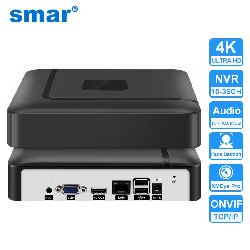 H.265 10/16/32/36-Channel 4K NVR Security Recorder with Face Detection, Motion Alerts, P2P & ONVIF Remote Access