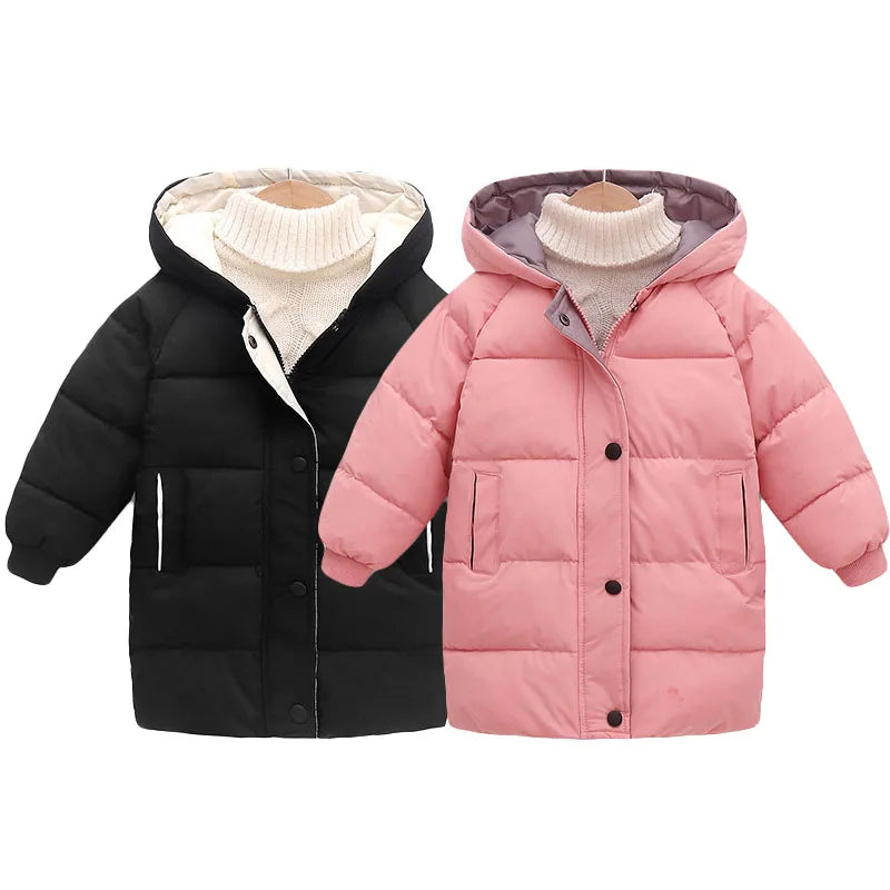 Kids Hooded Long Down Parka Coat - Warm Zippered Winter Jacket for Boys & Girls