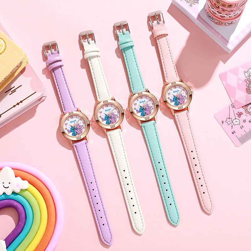 Girls Cartoon Leather Strap Watch with Rhinestone Dial — Rose Gold Cute Kids Watch