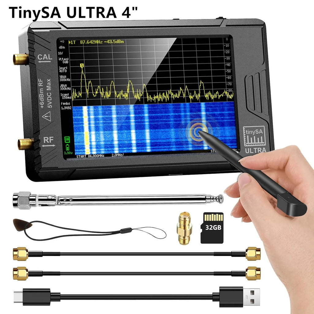 Handheld 4-Inch (10.2 cm) Portable Spectrum Analyzer 100 kHz–5.3 GHz with 32GB microSD — Signal Generator & USB PC Control