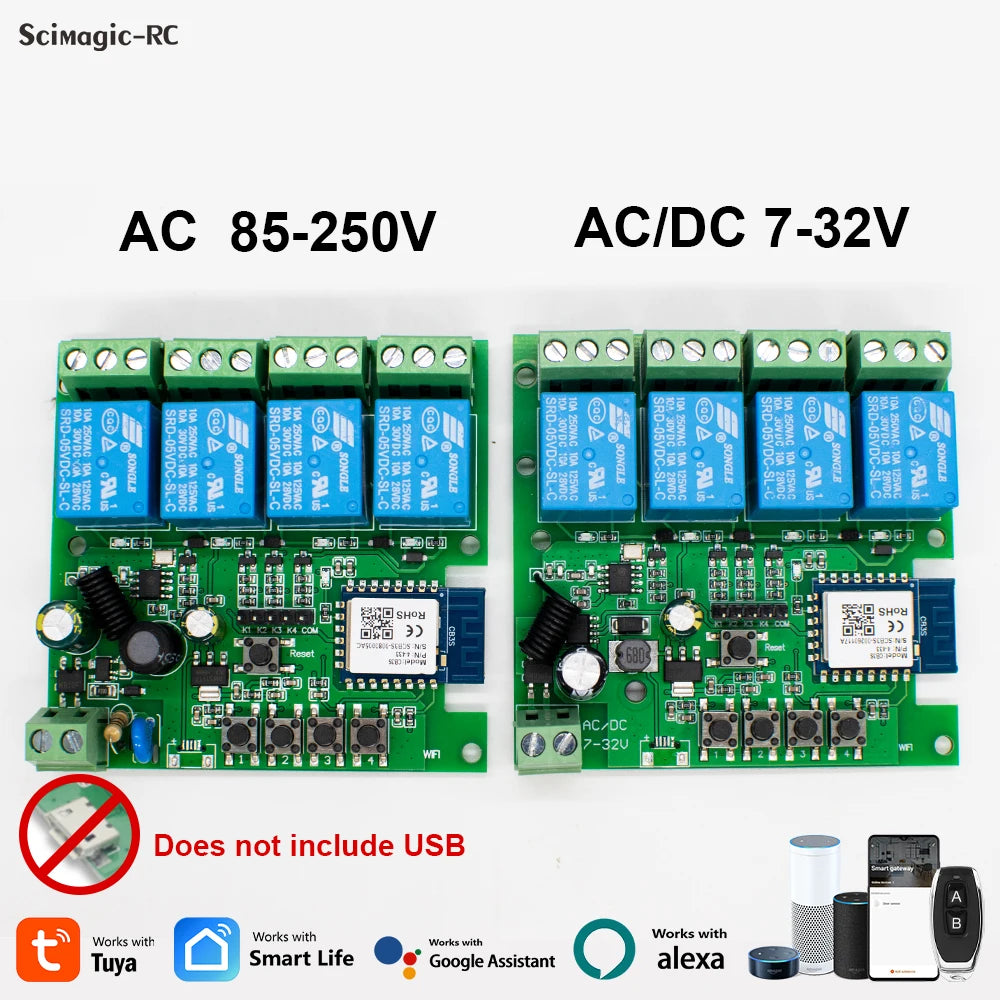 4-Channel WiFi Smart Relay Switch RF433 — AC/DC 7-32V & AC 85-250V Garage Door & Motor Controller