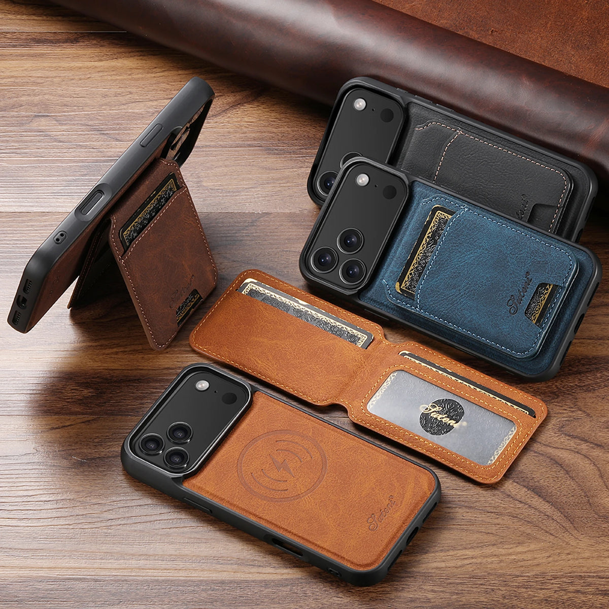 Magnetic Wireless Charging Wallet Phone Case – Faux Leather Card Holder & Stand for iPhone (Multiple Models)