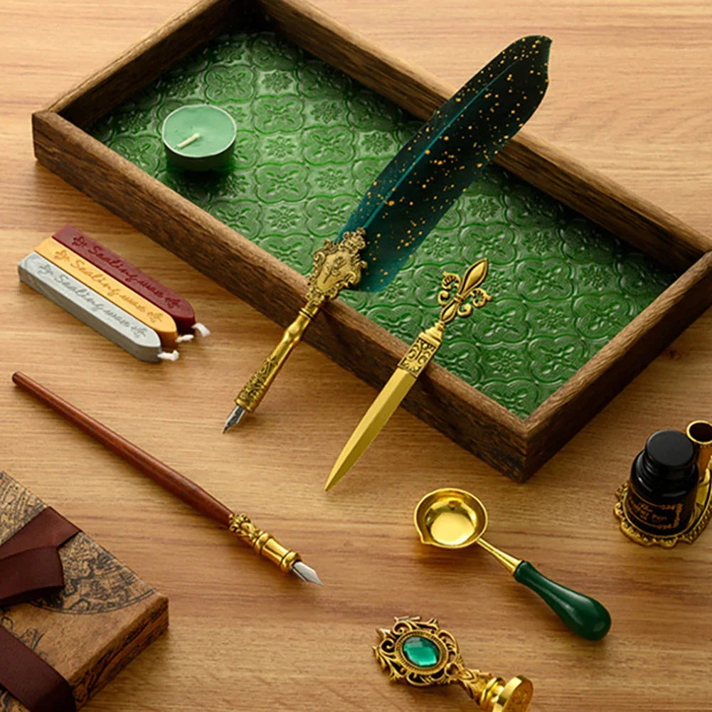 Retro Feather Dip Pen Calligraphy Set with Ink, 5 Nibs & Wax Seal Kit – Quill Writing Set for Stationery, Crafts & Gifts