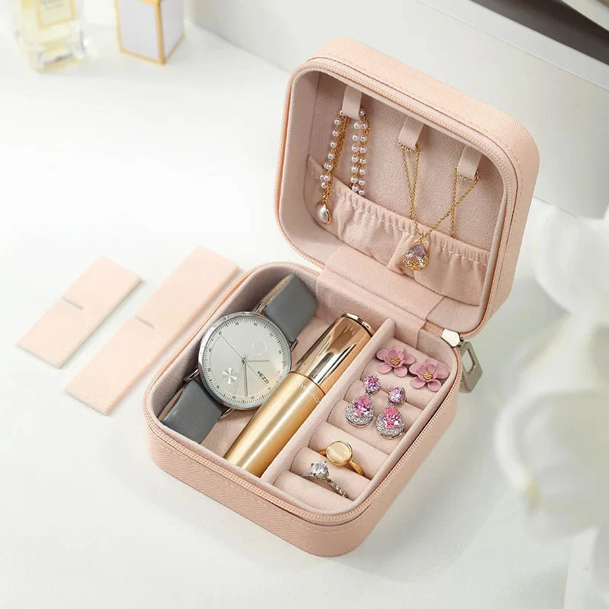 Portable Mini PU Leather Jewelry Box - Velvet-Lined Multi-Compartment Travel Organizer for Rings, Earrings & Necklaces