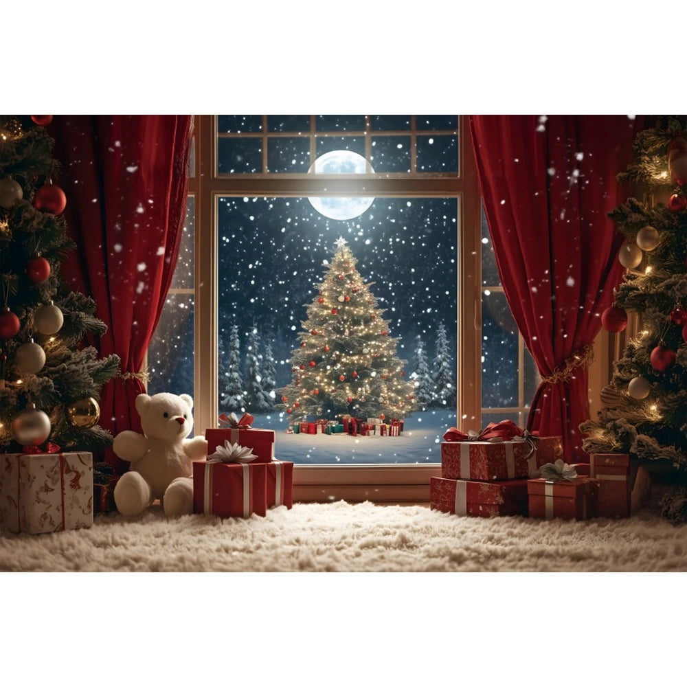 Christmas Photography Backdrop - Red Curtain & Window Scene with Snowy Bear and Gifts for Kids & Family Portraits