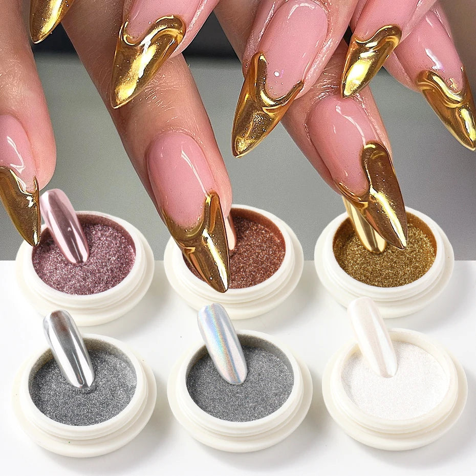 6-Pack Chrome Mirror Nail Powder Set Gold Silver Rose Gold White Holographic Aurora Iridescent Nail Art Pigments