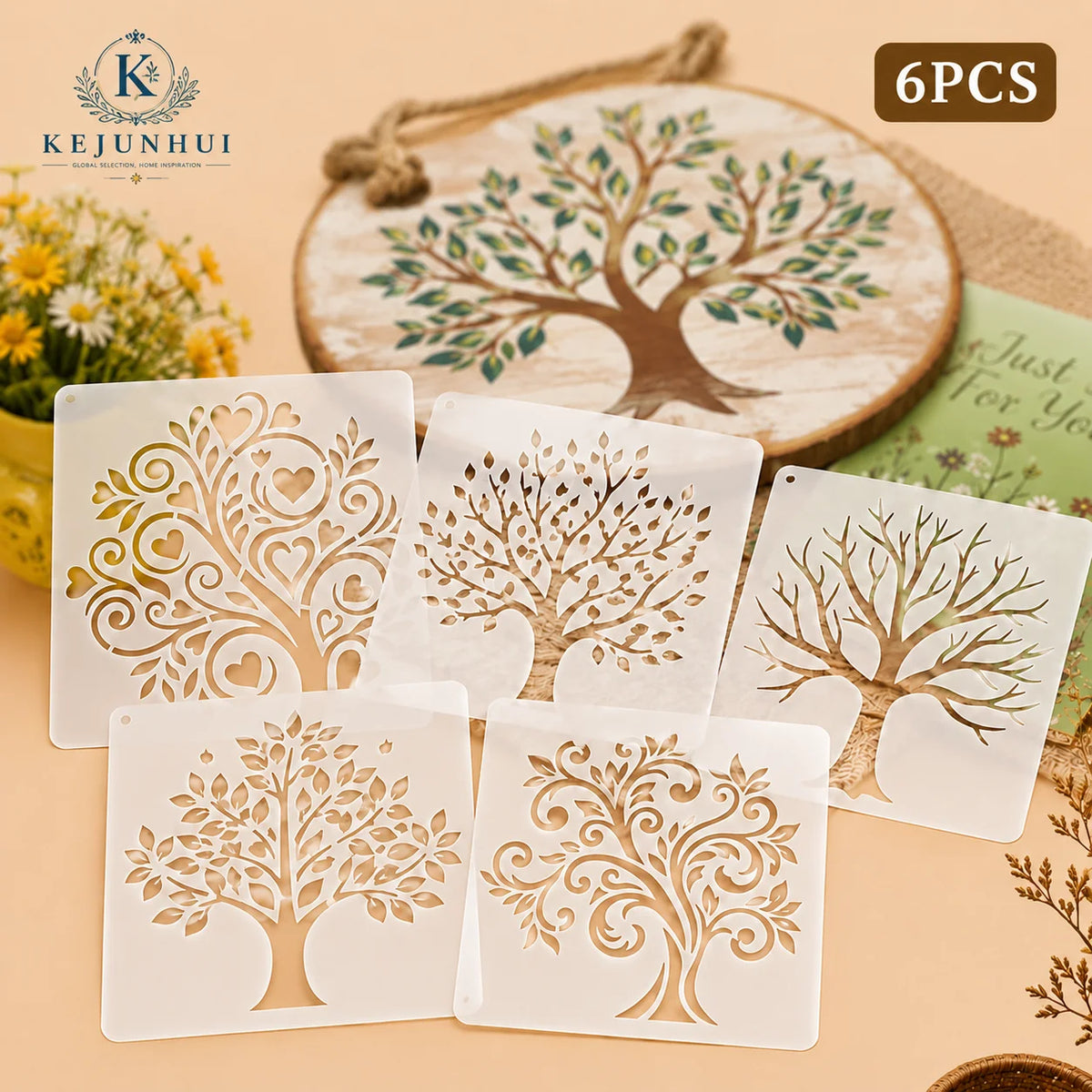6-Pack 3.9 x 3.9 in (10 x 10 cm) Tree of Life Reusable PET Stencil Set, DIY Painting Craft Templates for Wall, Wood, Fabric