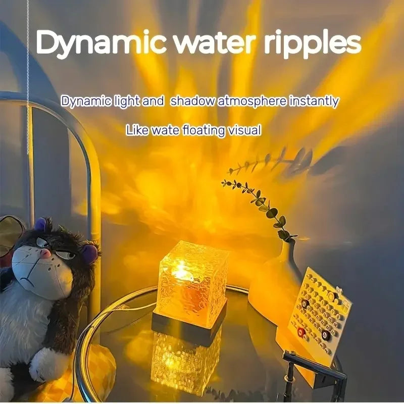 16-Color Rotating Water Ripple Projector Night Light - Dynamic Mood Lamp with Acrylic Crystal Wood Base for Home Decor