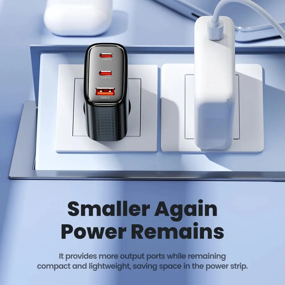 40W GaN 3-Port USB Fast Charger – Dual USB-C PD + USB-A QC4.0 Compact Travel Wall Charger