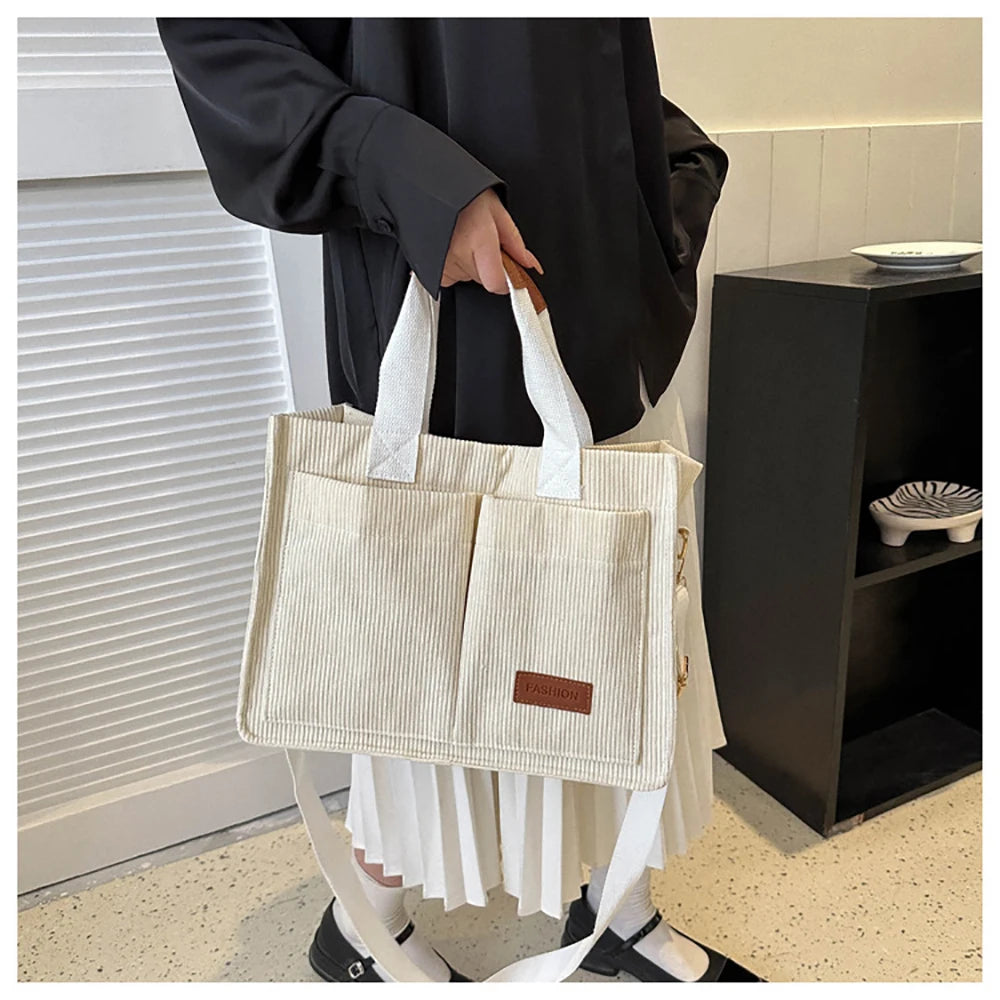 Corduroy Large Women's Tote Bag 13.4 x 9.8 x 5.5 in (34 x 25 x 14 cm) Shoulder Crossbody Commuter Handbag