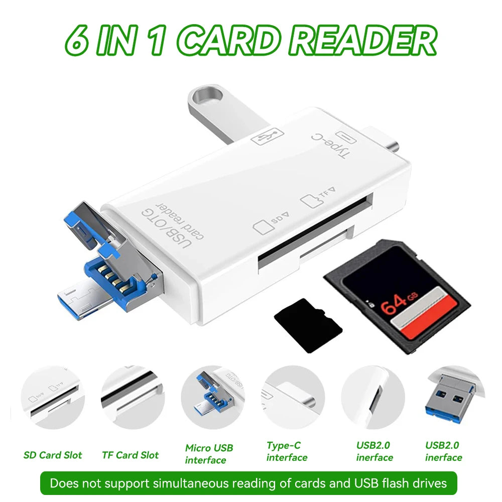 6-in-1 OTG Card Reader Adapter — Type-C & Micro USB for SD/TF Cards, High-Speed USB for Phone & Laptop