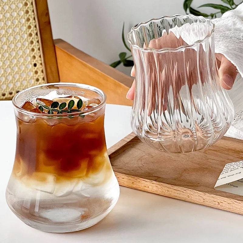 Wave Ripple Glass Tumbler - Transparent Iced Coffee & Milk Tea Cup, 280 ml (9.5 fl oz) & 530 ml (18 fl oz)