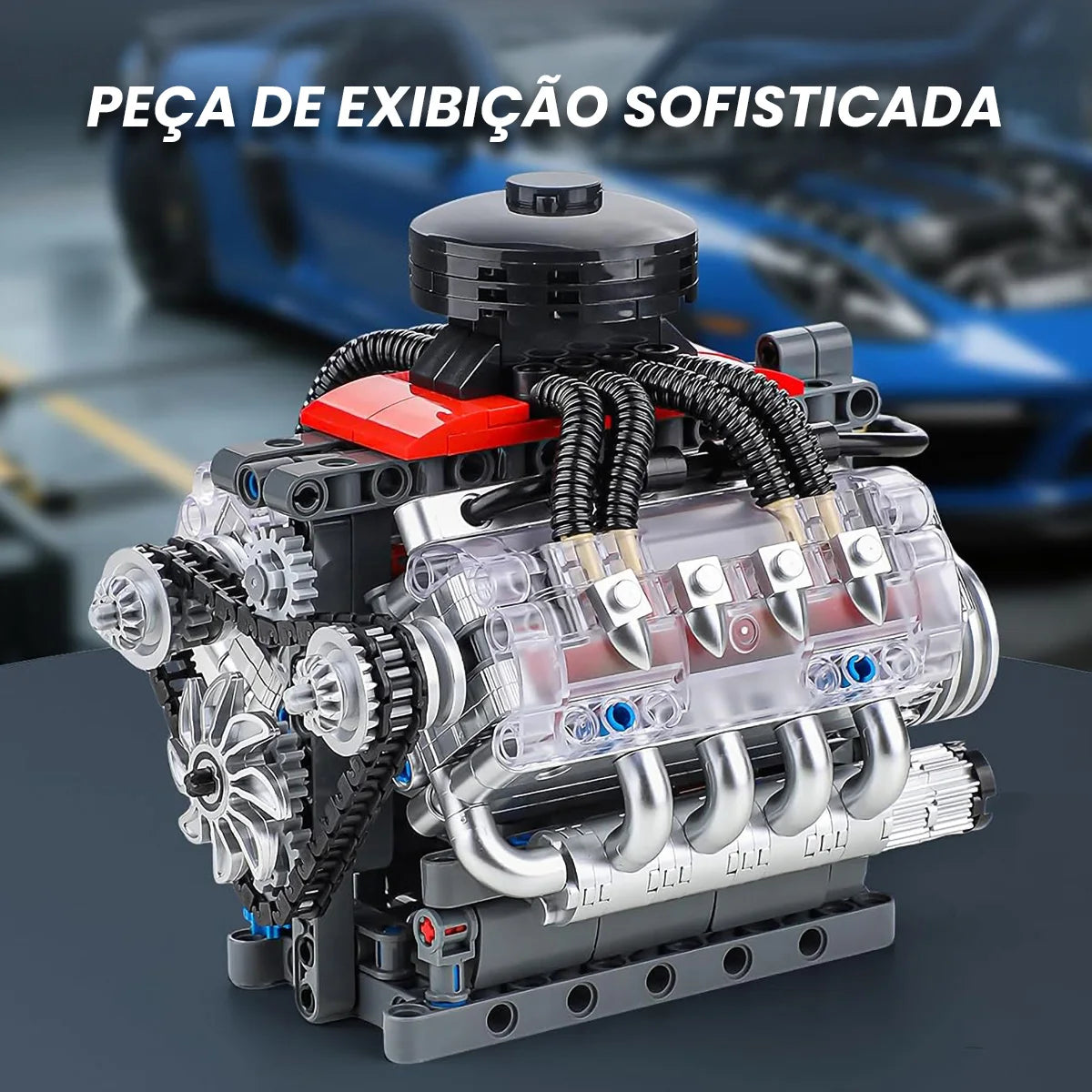 V8 Engine Building Blocks Model Kit, 487-Piece Compatible with LEGO, Transparent Cylinder Heads & Moving Pistons