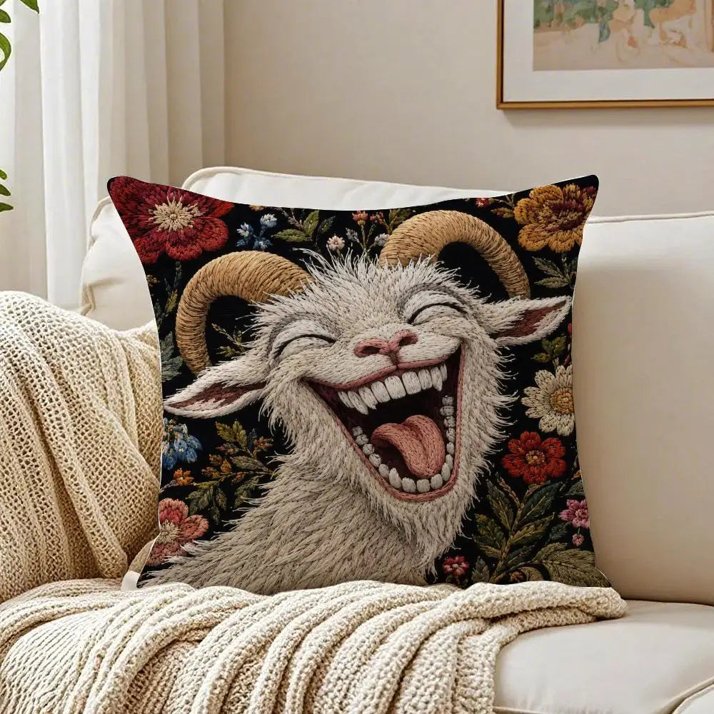 Funny Screaming Goat Plush Pillow Cover — Short Plush Cushion Case, Breathable & Washable with Invisible Zipper