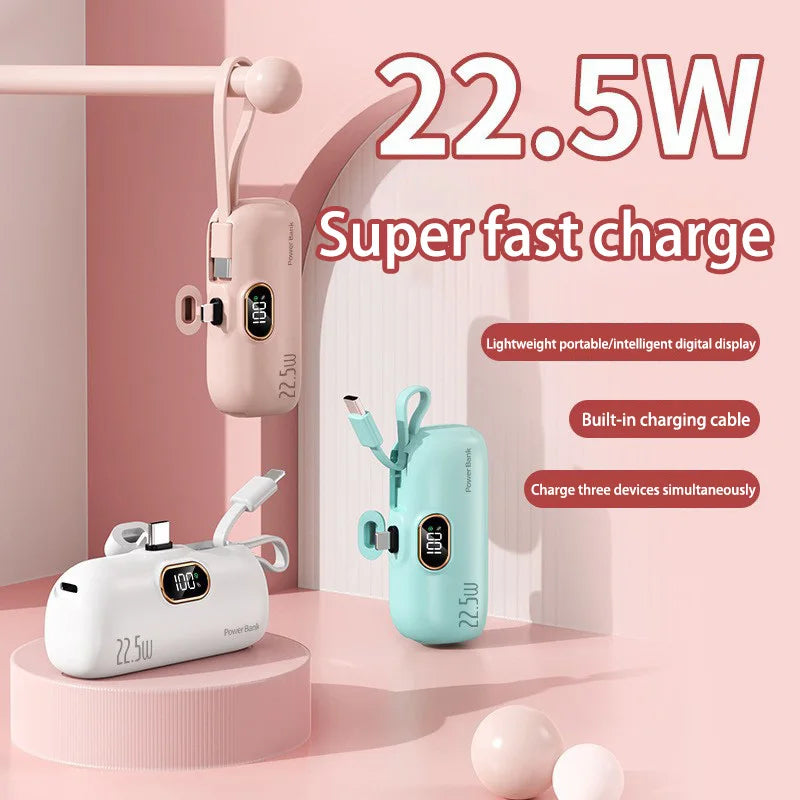 30,000mAh Mini Capsule Power Bank – Portable Fast Charger with Wireless Charging, Dual USB, Type-C & Lightning