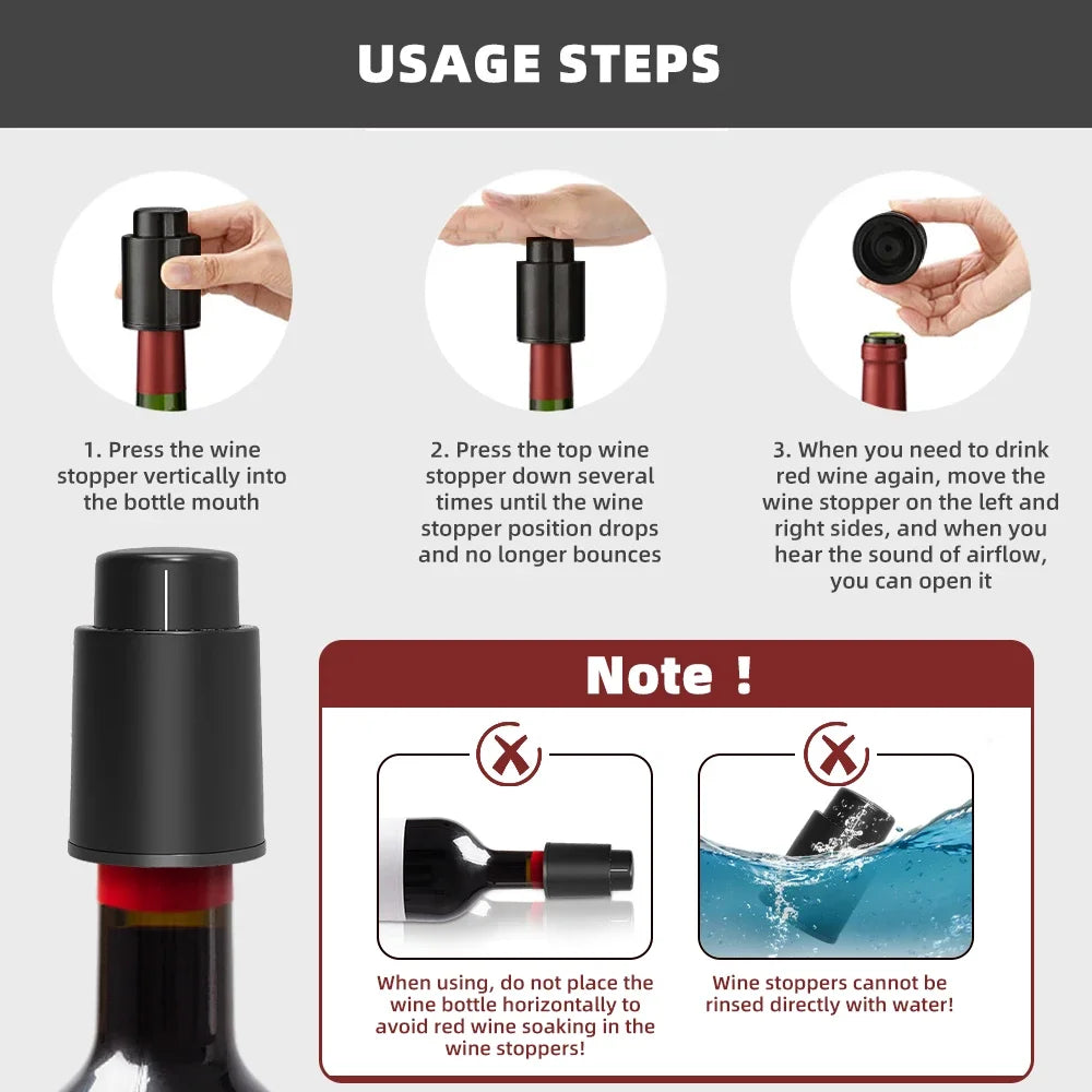 Vacuum Wine Bottle Stopper Pump — 1 or 2-Pack Push-Style Vacuum Seal with Date Marker, Reusable Wine Preserver (Black)