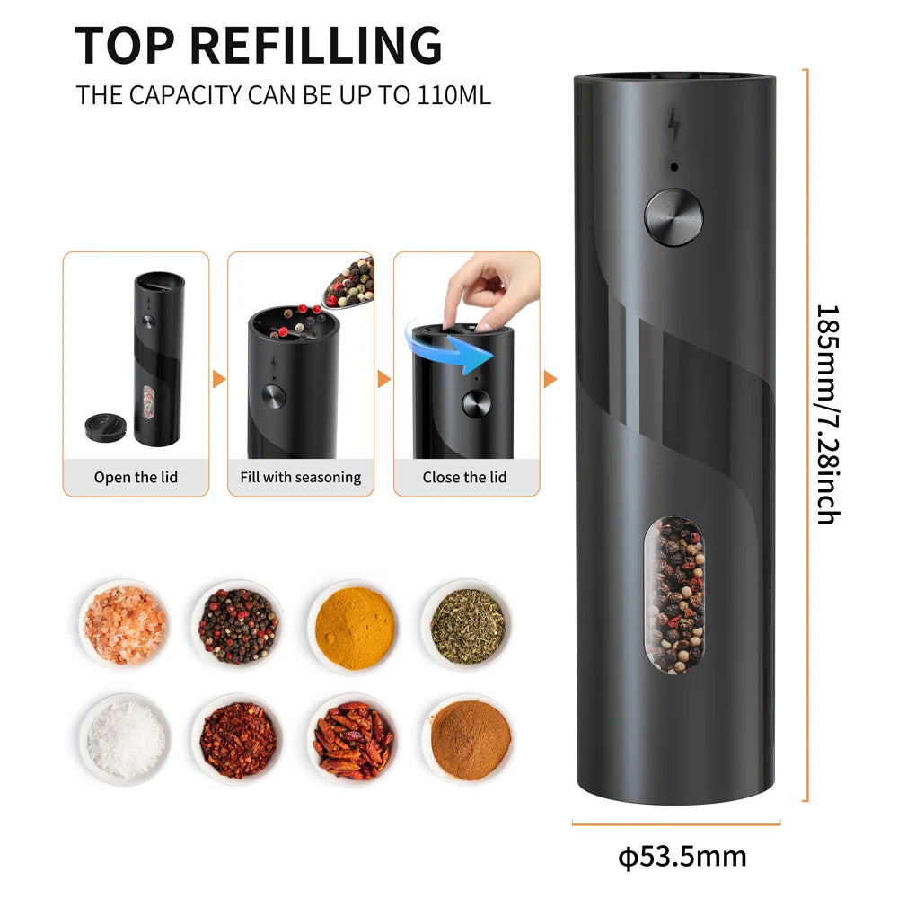 2-Pack USB Rechargeable Electric Salt and Pepper Grinder Set, Adjustable Coarseness, LED Light, Top-Fill Spice Mill