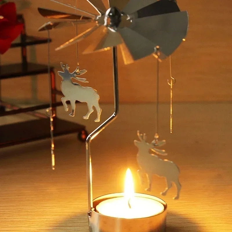Spinning Metal Carousel Tea Light Candle Holder, Rotating Christmas Candelabra for Home Decor (3.15 x 5.12 in / 8 x 13 cm)