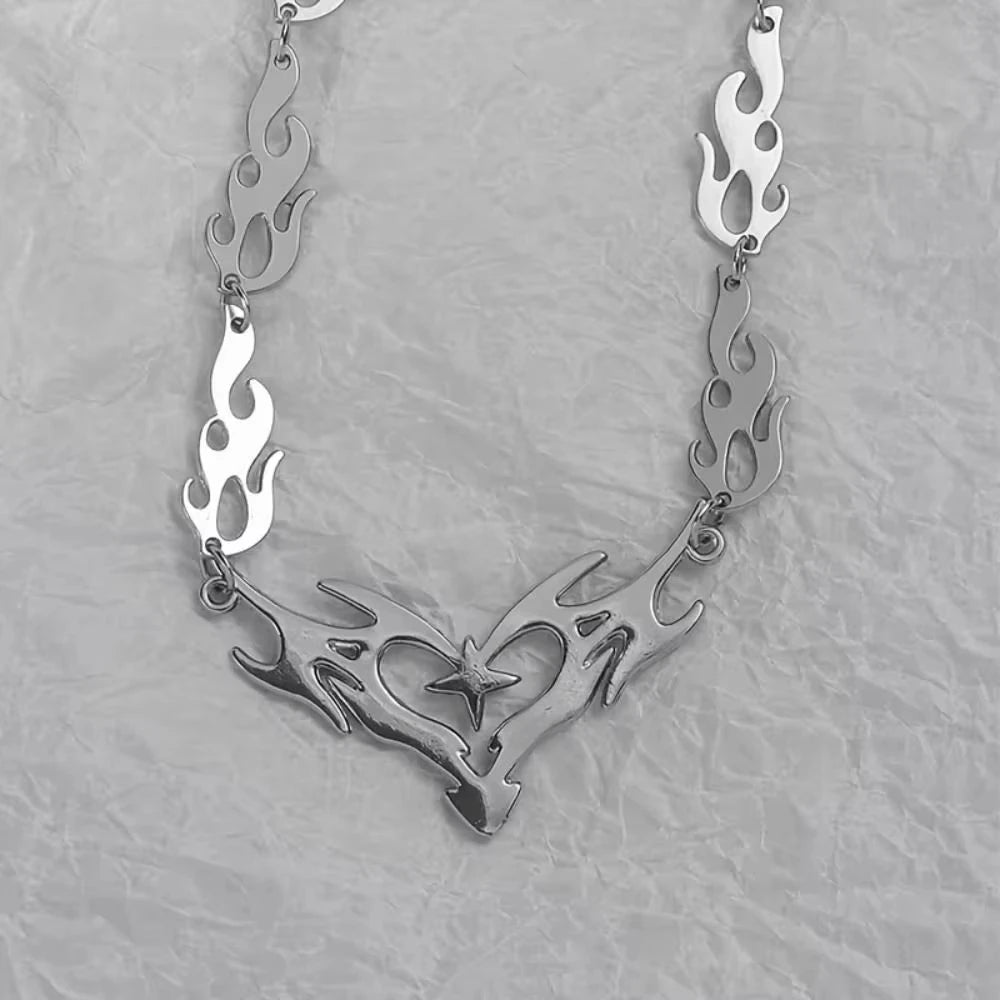 Flame Heart Cross Choker Necklace – Punk Gothic Barbed Wire Thorns Charm (Unisex, Y2K)