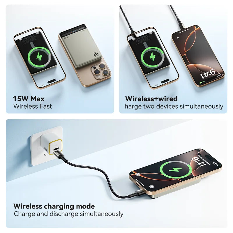 Magnetic 10000mAh Wireless Power Bank 20W Portable Charger - MagSafe Compatible Fast Charging for iPhone & Android