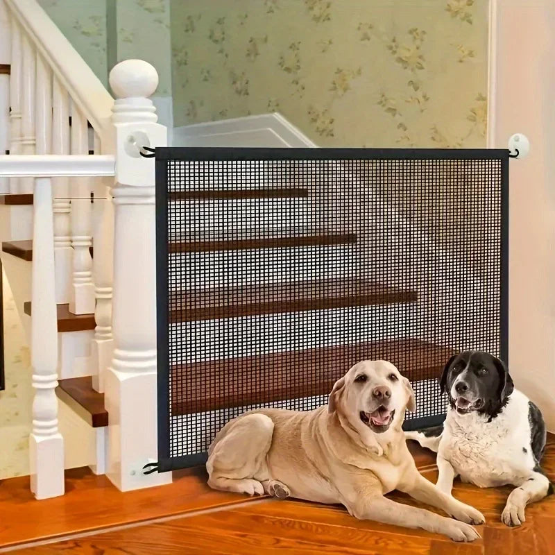 Heavy-Duty Foldable Breathable Dog Barrier Mesh Gate with 6 Adhesive Hooks – Indoor Outdoor Pet Safety Gate