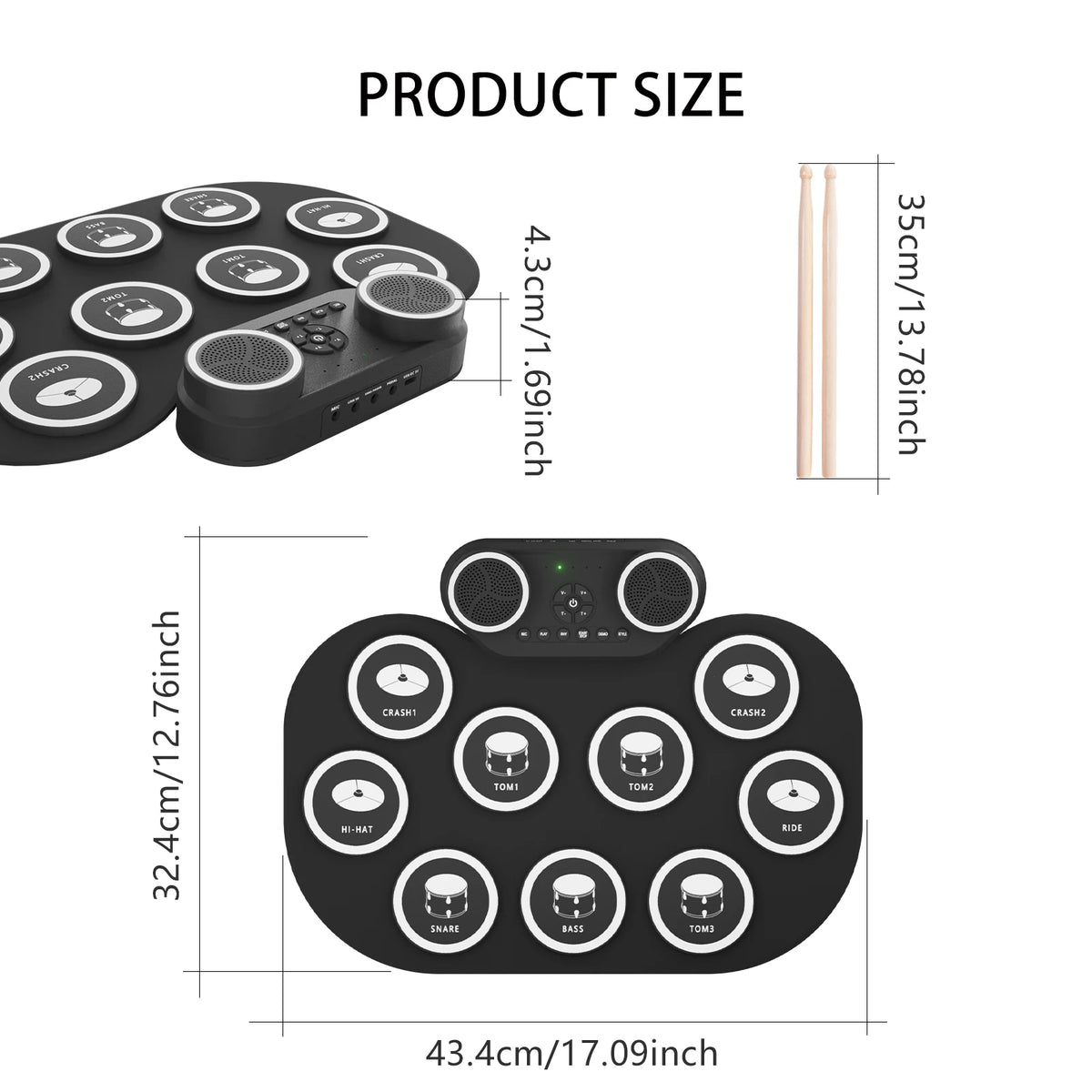 Roll-up electronic drum kit with built-in speakers, view 2