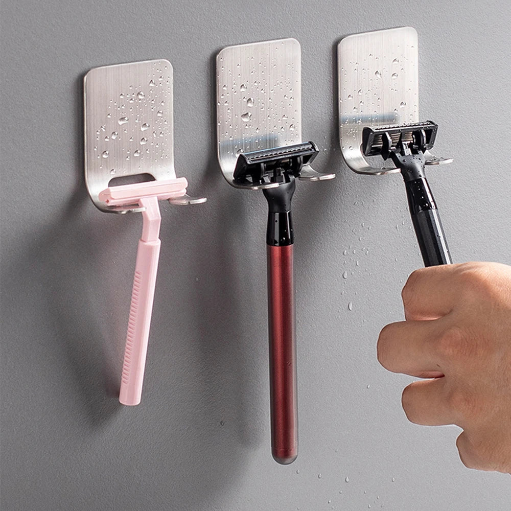 Stainless Steel Self-Adhesive Razor Hook – Wall-Mount Shaver Holder with Double Hooks for Bathroom & Kitchen